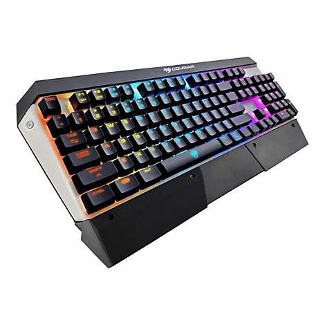 Schwarze Gaming-Tastatur mit farbiger Hintergrundbeleuchtung. Die Tastatur zeigt das Cougar Logo.