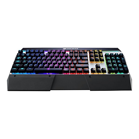 Schwarze Cougar-Gaming-Tastatur mit mehrfarbiger Hintergrundbeleuchtung und Logo.