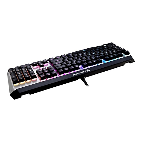 Schwarze Gaming-Tastatur mit mehrfarbiger Beleuchtung. Schwarze Tasten auf silbernem und schwarzem GehÃ¤use. Kabel zeigt nach unten.