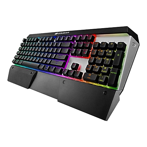 Schwarze Cougar-Gaming-Tastatur mit farbiger Beleuchtung. Die Tastatur ist leicht angewinkelt und hat ein Handballenauflage.