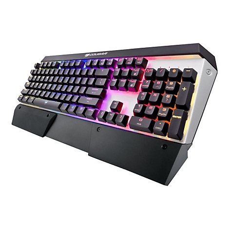 Schwarze Gaming-Tastatur mit bunten Lichtern, inkl. Handauflage und Logo-Schriftzug.