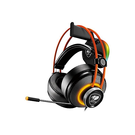 Schwarzes Cougar Gaming-Headset mit orangefarbenen Akzenten und RGB-Beleuchtung auf einem weißen Hintergrund.