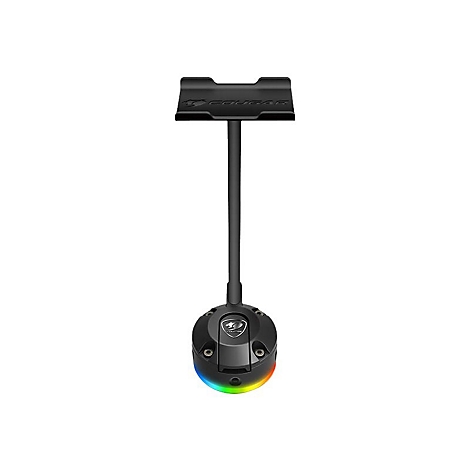 Schwarzer Gaming-Mouse-Bungee mit Cougar-Logo, vertikalem Stab, Halterung und bunter RGB-Beleuchtung am Sockel.