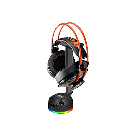 Schwarzes Gaming-Headset mit orangefarbenem Bügel auf einem Ständer mit beleuchtetem RGB-Fuß.