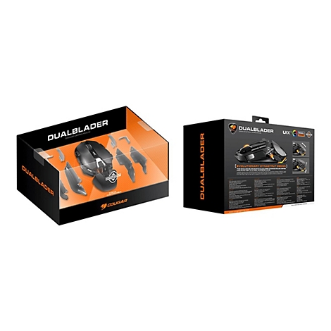 Produktverpackung eines Gaming-Maus-Sets. Schwarze Maus und Zubehör in einer Box. Text: 'DUALBLADER'.