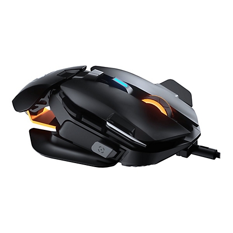 Schwarze Gaming-Maus mit orangefarbenen und blauen Akzenten auf weißem Hintergrund. Detailreich und futuristisch.