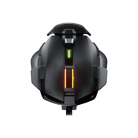 Schwarze Gaming-Maus, beleuchtet mit grünen und orangenen Lichtern, vor weißem Hintergrund.