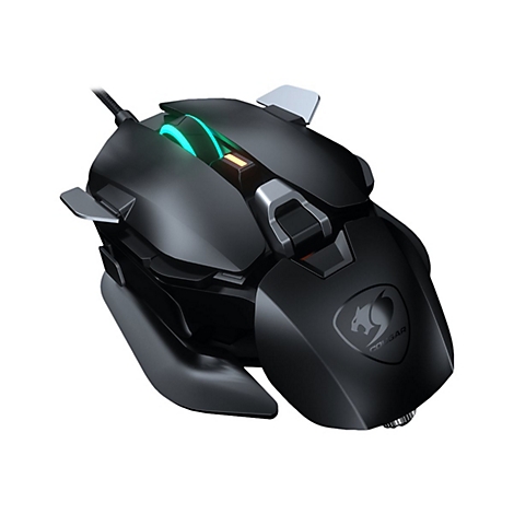 Schwarze Gaming-Maus, mit LED-Beleuchtung und Cougar-Logo. Mit seitlichen Flügeln und Kabel.