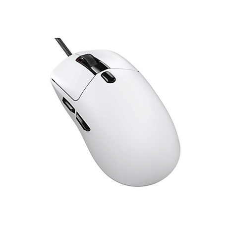 Weiße Gaming-Maus mit schwarzem Mausrad und Seitentasten vor weißem Hintergrund.