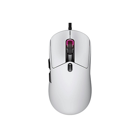 Weiße Gaming-Maus mit Kabel, Scrollrad mit pinker Beleuchtung und zwei Seitentasten auf hellem Hintergrund.
