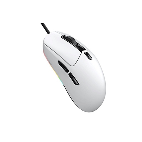 Weiße, ergonomische Gaming-Maus mit schwarzem Mausrad und Seitentasten vor weißem Hintergrund.