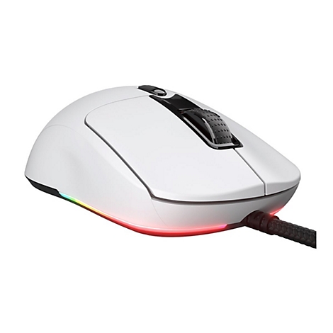 Weiße Gaming-Maus mit schwarzem Scrollrad, geflochtenem Kabel und dezenter RGB-Beleuchtung am unteren Rand.