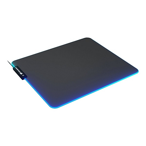 Schwarzes rechteckiges Mauspad mit blauem Leuchtband, Cougar Logo. Kabelanschluss links.
