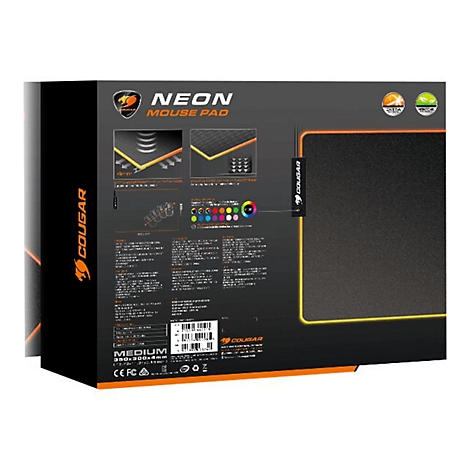 Die Verpackung eines Cougar Neon Mauspads. Auf der schwarzen Verpackung ist das Neon Mousepad mit gelb-orangem Rand abgebildet, sowie Details zu den Funktionen.