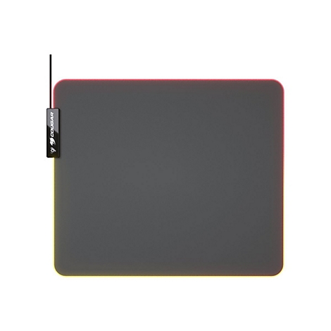Graues Gaming-Mauspad mit LED-Beleuchtung. Das Cougar-Logo ist am oberen linken Rand zu sehen. Rote und gelbe Farbgebung.