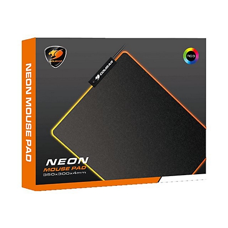 Verpackung eines schwarzen Cougar Neon Mousepads mit orangefarbener Umrandung und RGB-Beleuchtung.