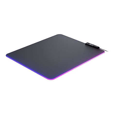 Schwarzes rechteckiges Gaming-Mauspad mit farbiger LED-Beleuchtung. Oben rechts ist das Logo "COUGAR".