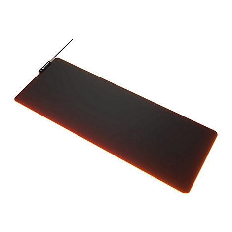 Rechteckige, schwarze Gaming-Mausunterlage mit orangenem Rand. Oben links Logo von Cougar.