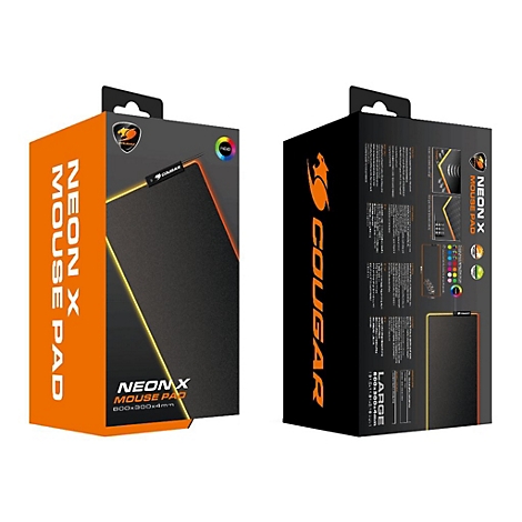 Eine Produktverpackung für ein Cougar Neon X Mousepad, auf der Vorderseite steht 'NEON X MOUSE PAD' und auf der Rückseite Details und Logos.