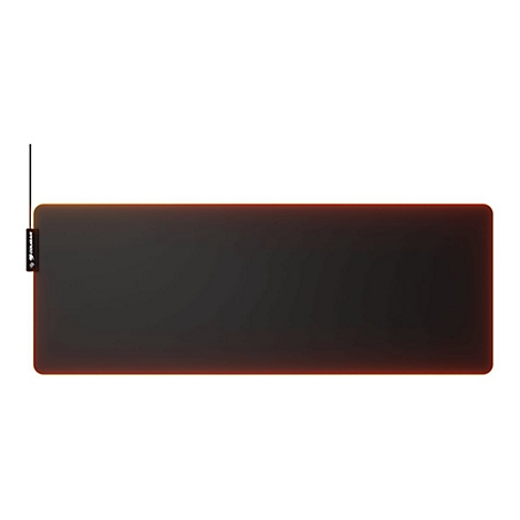 Schwarzes Gaming-Mauspad mit LED-Beleuchtung und orangefarbenem Rand, Cougar-Logo.