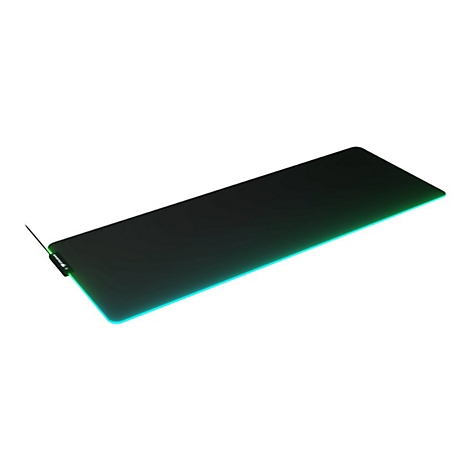 Schwarzes Gaming-Mauspad mit LED-Beleuchtung, Kabel und Firmenlogo.