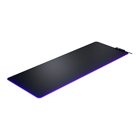 Längliches, schwarzes Gaming-Mauspad mit leuchtendem, violettem RGB-Rand vor weißem Hintergrund.