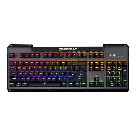 Schwarze Cougar Gaming-Tastatur mit mehrfarbiger RGB-Tastenbeleuchtung vor weißem Hintergrund.