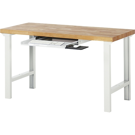 Bureau brun clair avec cadre blanc, tiroir pour clavier avec clavier et souris.