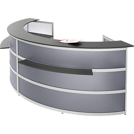 Gray, semicircular reception desk with shelves and papers.
