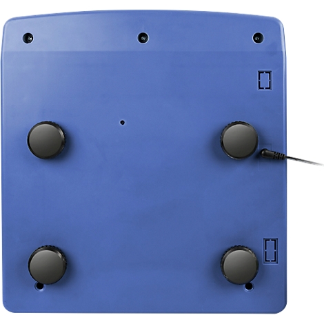 Blue top with four round, black buttons, black holes, and a jack.