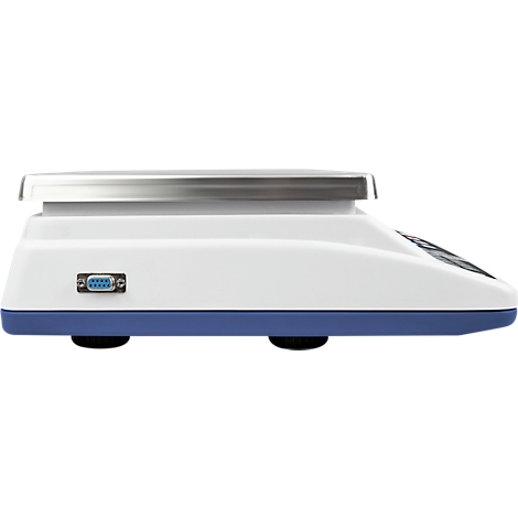 Side view of a white scale with stainless steel plate, blue base, and a connector.