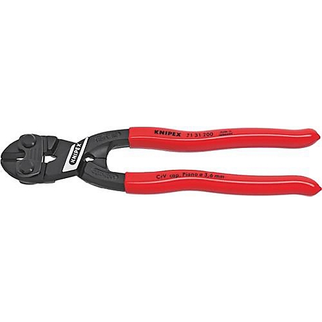 Pince coupante Knipex rouge et noire. Inscription : Knipex 71 31 200. C/V max. Piano 3,6 mm.
