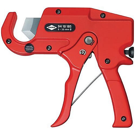 Coupe-tube rouge avec lame, marque KNIPEX, modèle 94 10 185, pour tubes de 6 à 35 mm de diamètre.