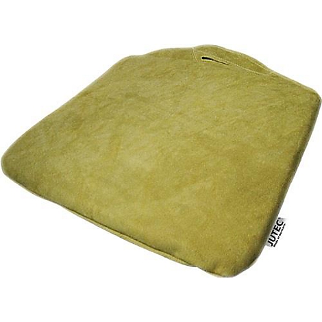 Coussin vert clair avec une surface rugueuse, légèrement en biais. L'étiquette indique "Jutec".