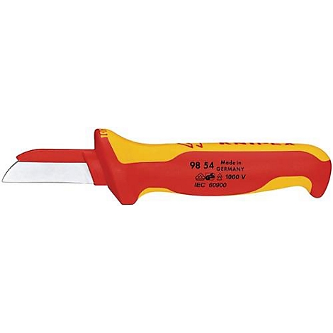 Outil d'électricien rouge et jaune. Lame argentée, manche marqué de 'KNIPEX', '98 54', 'Made in Germany'.