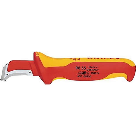 Un outil de dénudage rouge et jaune, avec l'inscription KNIPEX, 98 55, Made in Germany, 1000 V, IEC 60900.
