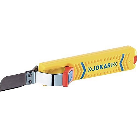 Pince à dénuder Jokari jaune, partiellement ouverte avec lame, interrupteur rouge.