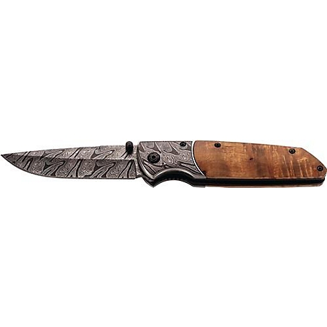 Couteau de poche avec lame en damas et manche en bois, ouvert.