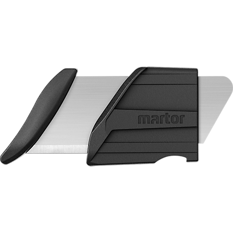 Couteau de sécurité noir Martor avec lame métallique déployée.