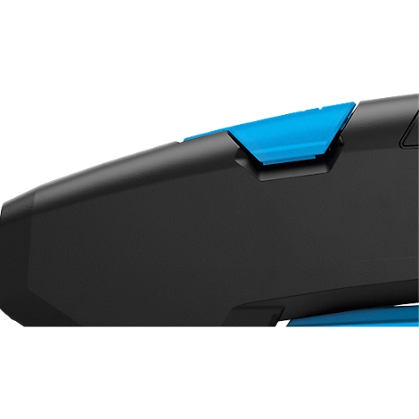 Vue détaillée d'une mallette à outils noire avec un clip de fermeture bleu caractéristique.