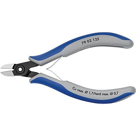 Pince coupante latérale bleue et grise. Inscription : 79 02 125, Cu max. Ø 1,7/hard max. Ø 0,7