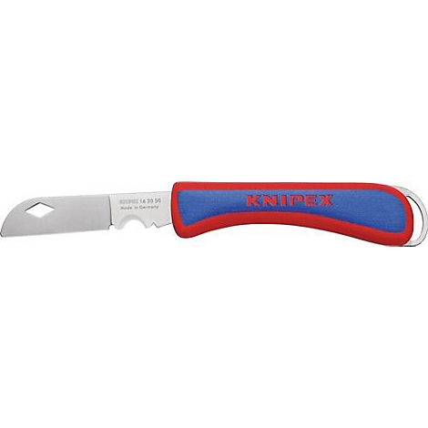 Un couteau avec un manche bleu et rouge et une lame argentée. La lame porte l'inscription "Knipex" et d'autres mots.