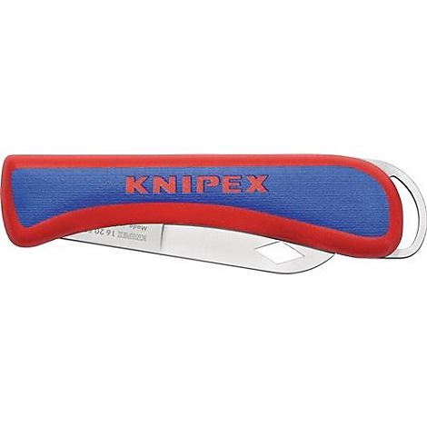 Gros plan sur un couteau Knipex rouge et bleu, avec une lame argentée. Le logo est clairement visible.
