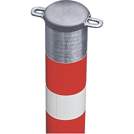 Borne verticale, rayée rouge et blanche, avec capuchon argenté et deux boucles de poignée.