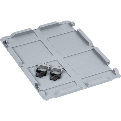 Plaque de base en plastique gris avec deux clips de retenue noirs dans l'un des quatre carrés.