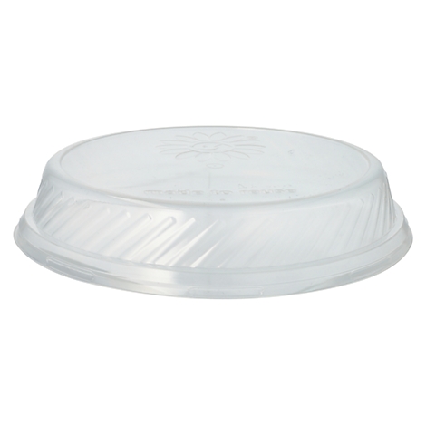 Couvercle en plastique transparent pour conteneur, ondulé et avec un motif floral pâle.