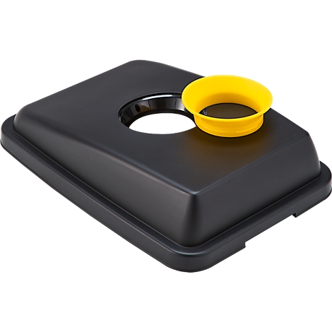 Couvercle de poubelle noir avec une ouverture de remplissage jaune.