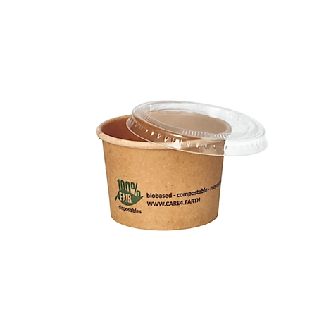 Bol en carton brun avec couvercle, logo et texte : biobased, compostable, WWW.CARE4EARTH.