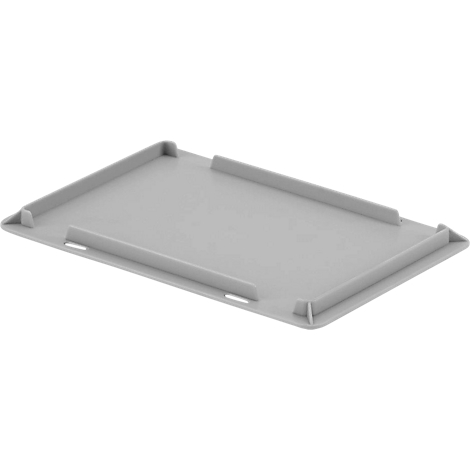 Couvercle en plastique gris avec bords surélevés et forme rectangulaire.