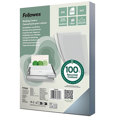 Paquet de 100 couvertures de reliure transparentes A4 Fellowes en PET recyclé, 250 microns, fini lisse.